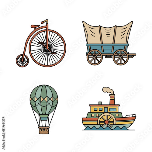 Vintage Transportation Set - Penny-Farthing, Covered Wagon, Hot Air Balloon, and Steamboat.