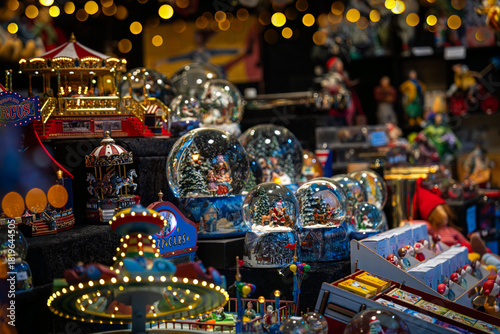 Switzerland, Basel 1.11.25; A snow globe. Christmas market in Europe. The showcase of the store of Christmas and New Year's toys. Winter holidays. Gifts for your loved are here. The Christmas spirit.