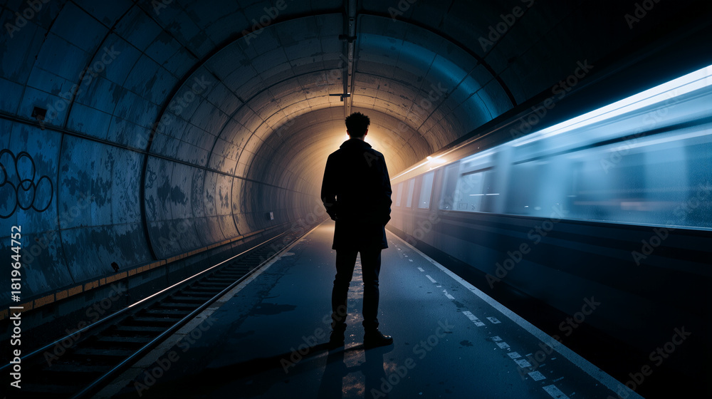 Fototapeta premium A man stands still on the tracks in a dim subway tunnel, silhouetted against bright light from an approaching train, creating a dramatic scene at dusk