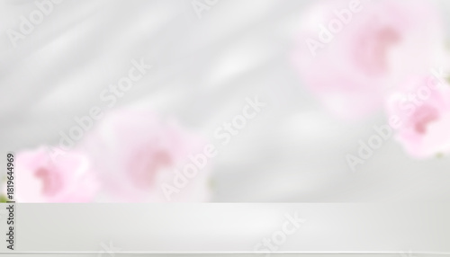 Studio room White podium display with blurry cherry blossom background, Vector 3D Cylinder on blurred Spring Sakura flower, Sweet pastel backdrop banner for Beauty product, Mother day,Valentine day