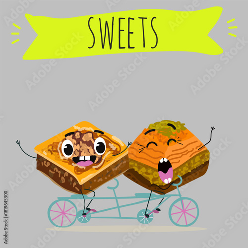 Funny Characters Turkish Traditional desserts pistachio baklava, hand drawn vector illustration.