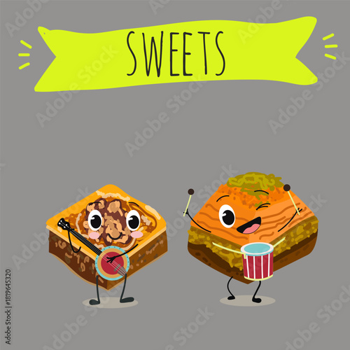 Funny Characters Turkish Traditional desserts pistachio baklava, hand drawn vector illustration.