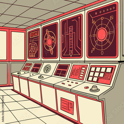 A sci-fi control room combining analog split-flap displays with neon red tech patterns.