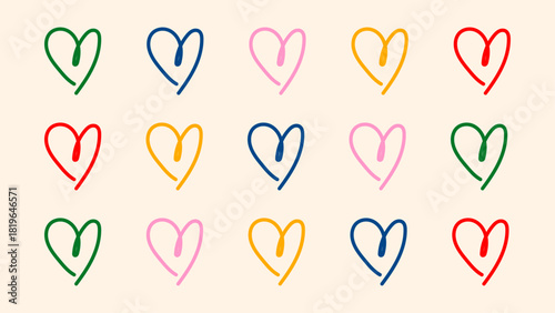 A vibrant mix of multicolor hand-drawn hearts in various shades. Suitable for expressive posters, youthful branding, colorful Valentine’s projects