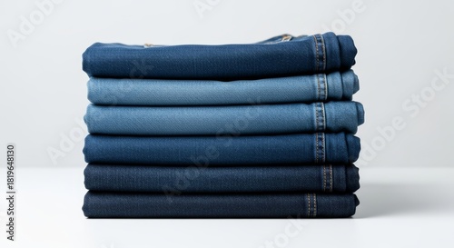 Neatly stacked blue denim jeans on white surface