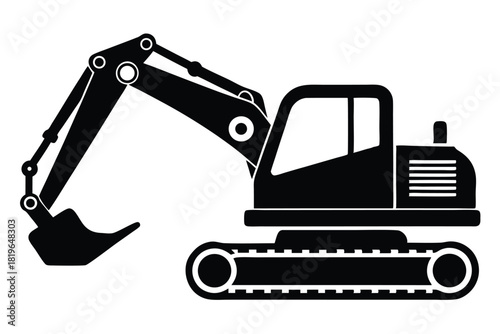 Black silhouette shows an excavator with a bucket ready to dig on the white background