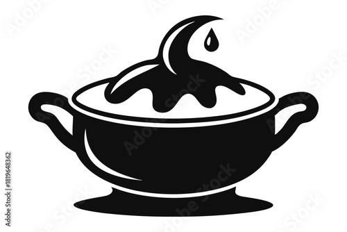 Creamy condiment cascades from a handled bowl, featuring one tantalizing droplet in this monochromatic form