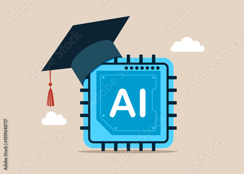 Artificial intelligence in Academic mortarboard hat. AI technology. Vector flat illustration 