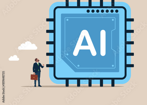 Smart entrepreneur thinking with big incident with artificial Intelligence chip. Solving problem, identify risk or critical failure concept. Technology of ideas and global or use Ai for data analysis.