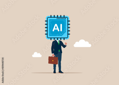 Businessman with digital brains with neural network instead of a head on shoulders. Artificial intelligence technology. Vector flat illustration