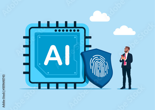Access to artificial intelligence via fingerprint. Flat vector illustration