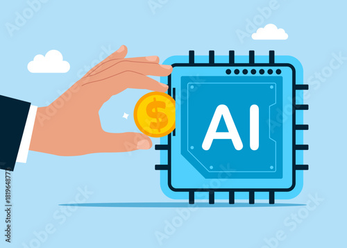 Hand putting coin a artificial intelligence chip. Neural network. Paid services on AI learning and artificial intelligence system. Processing and management internet of things. Vector illustration
