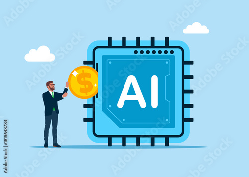 Businessman putting coin a artificial intelligence chip. Paid services on AI learning and artificial intelligence system. Processing and management internet of things. Flat vector illustration