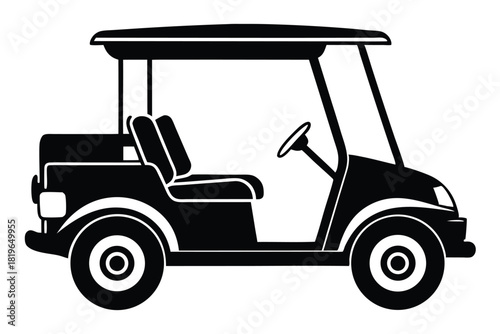 Isolated black silhouette shows a golf cart with open sides and canopy