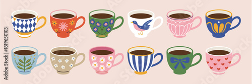Tea Cups Collection in Vintage Style Featuring Retro Ceramic Mugs With Decorative Patterns, Traditional Ornate Designs, and Colorful Dishware Elements Illustrated as a Flat Vector Set for Coffee and M