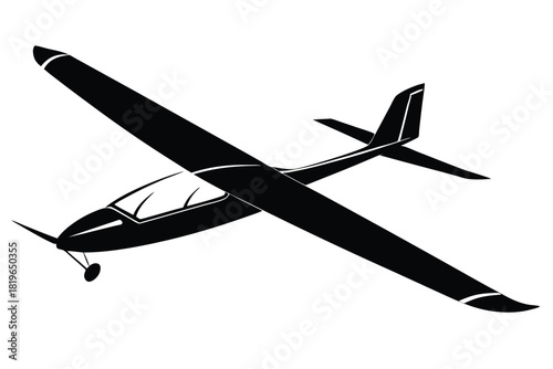 Black silhouette shows a glider aircraft with long wings, stabilizer, and propeller