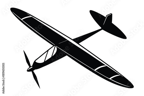 Monochrome airplane shows a vintage aircraft from a high angle on white