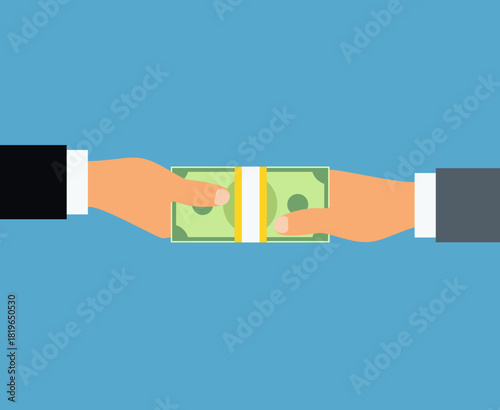 vector human hand giving dollar banknotes to another hand. giving money. pay in cash. money deal, payment agreement. dollar bills in human hands, flat style
