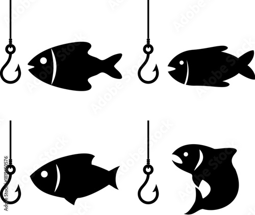 vector black and white fishing icon with hook, bait and hungry fishes biting a hook