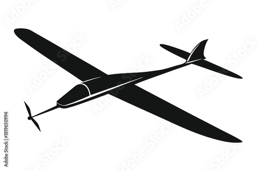 Monochrome glider soars with expansive wings in a simple aerial illustration on a white background