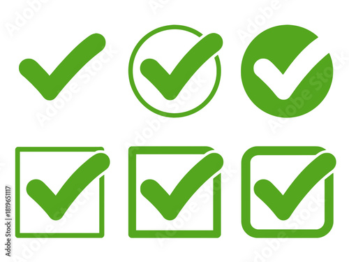 A collection of green checkmarks in various circular and square designs