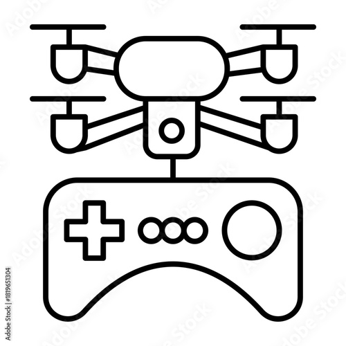 Drone copter with control joystick thin line icon, portable electronics concept, quadcopter and gamepad sign on white background, outline style for mobile web design. Vector graphics.