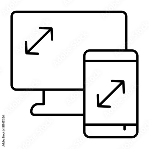 Large monitor screen, smartphone screen thin line icon, technology and electronics concept, tv and phone sign on white background, outline style for mobile web design. Vector graphics.