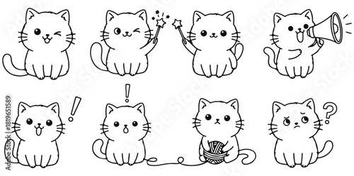 Hand drawn cute cat character set sketch illustration black and white funny kitty doodle collection with different poses emotions megaphone and yarn isolated design elements