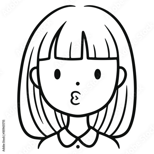 Hand drawn cute girl face avatar sketch illustration black and white female character doodle with bob hairstyle and kissing mouth expression isolated icon design element