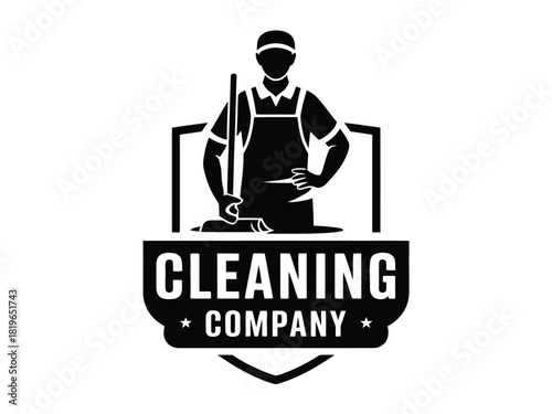 Silhouette of a person in uniform holding a mop, representing a cleaning company logo.