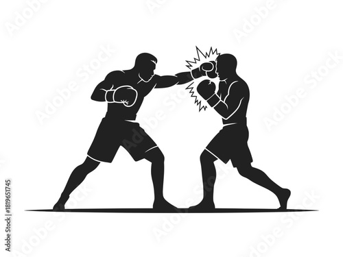 Two boxers are sparring and one lands a punch on the other's face.