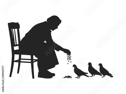 Elderly person sitting on a chair and feeding pigeons on the ground.