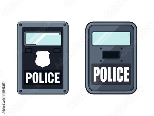 Two police riot shields stand side-by-side for protection and security.