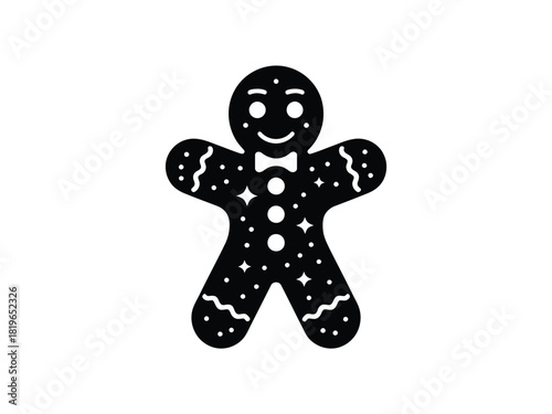 A festive gingerbread man cookie with a bow tie and sparkling decorations