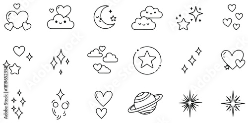 Hand drawn cute doodle icon set with hearts stars clouds and moon sketch illustration black and white sparkles planet line art sticker pack for decoration isolated design elements