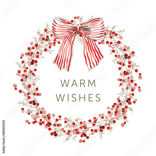 Christmas wreath with text, white background. Twigs, red berries, striped bow. Vector illustration. Nature design. Greeting card, poster, banner template. New Year holidays