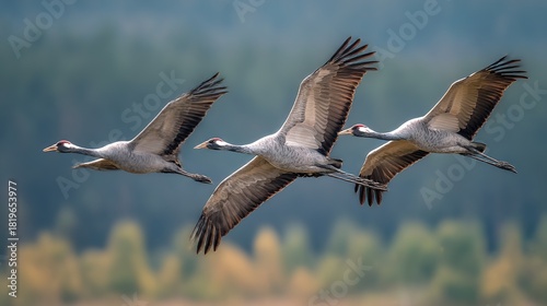An adult common crane (Grus grus) and its two offspring are seen migrating over Europe. The family of birds soars gracefully in a natural wildlife setting. 