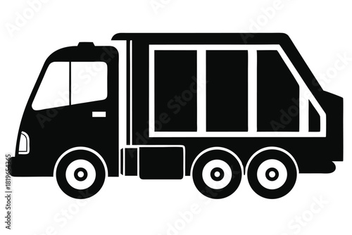 Monochrome garbage truck with three rear axles presents a side view in format