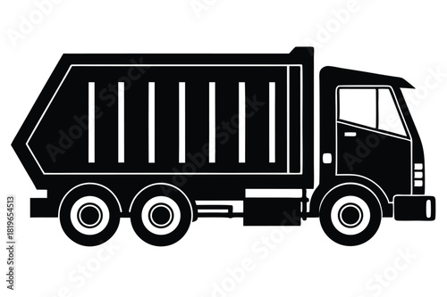 Black garbage truck with six wheels is hauling waste in a clean vector