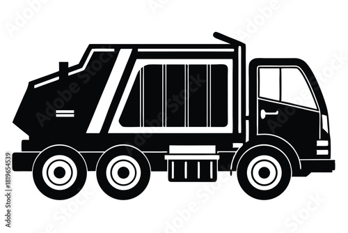 A black silhouette of the garbage truck is on the way, isolated on white