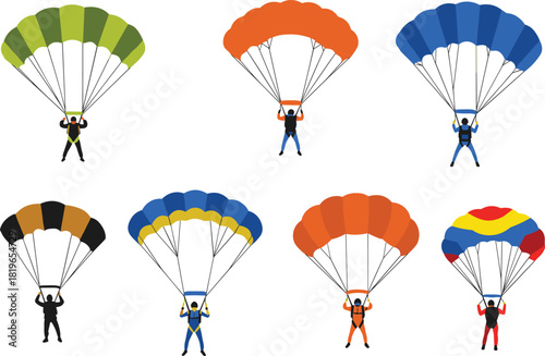 parachute vector illustration set, showing skydivers in colorful parachuting poses for aviation training, extreme sport graphics, adventure posters, educational materials, and infographic design