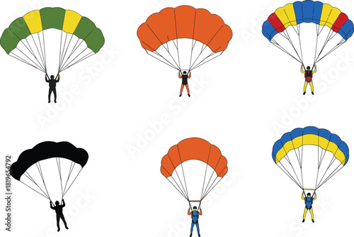 parachute vector illustration set, showing colorful skydivers in different parachuting positions for aviation training, extreme sports design, adventure posters, education and infographics