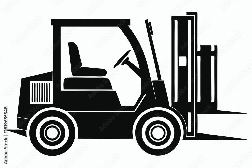 Naklejka premium Forklift in black silhouette shows industrial transport vehicle for lifting heavy cargo in logistics