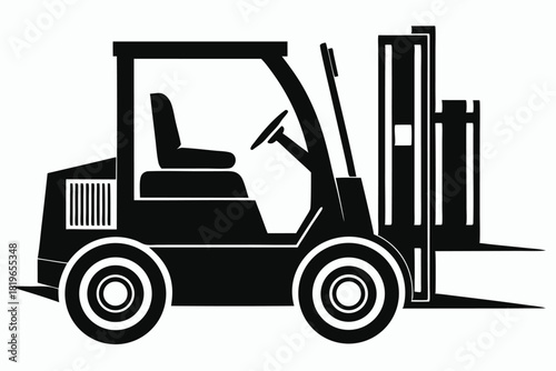 Forklift in black silhouette shows industrial transport vehicle for lifting heavy cargo in logistics