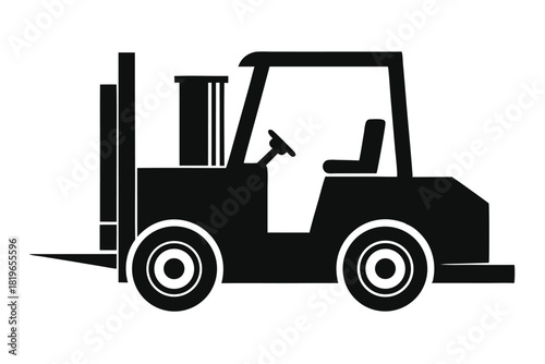 Silhouette shows a forklift with steering wheel, seat, and fork in black and white