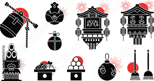 Japanese traditional festival items and lucky charm symbols isolated on transparent background