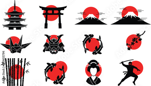 Japanese icons set with fuji mountain pagoda torii gate samurai and koi fish