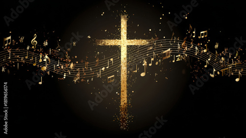 Golden Christian cross with musical notes, isolated vector illustration. Religion-themed design suitable for gospel music, church choir singing, concerts, festivals, Christianity, and prayer.
