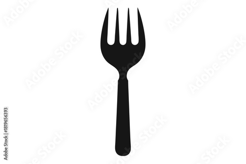 A black fork has tines and is centered on a white plain background