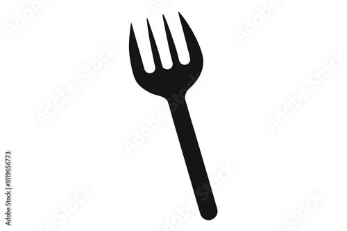 Simple black fork is isolated on white background, with plain design